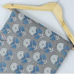 Khushi Handicraft Kashish Fabric Jaipuri Hand Blocked Print Unstitched 100% Cotton Kashish Fabric Floral Pattern 2.5 Meter Sky Blue Flower-image-91