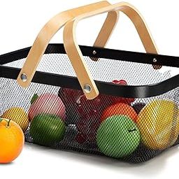 Kuber Industries Rectangular Metal Mesh Basket for Storage with wooden handle | 720gm | Fruit Basket for Kitchen | Kitchen Organizer | Baskets for Organizing Home | Multipurpose | Black-9