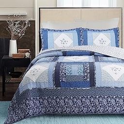 Cozy Line Home Fashions 100% Cotton Real Patchwork Navy Vintage Floral Embroidered Reversible Quilt Bedding Set Coverlet Bedspread (Royal Blue, King -3 Piece)-image-41
