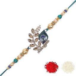 Stylish Peacock Feather and Kundan Rakhi with Roli Chawal and Greeting Card (K3)-45