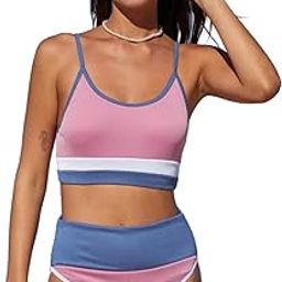 Color Block Ribbed High Waist Bikini Pink-image-14