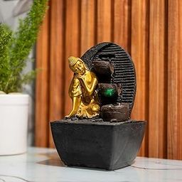 Mahganya Polyresin Table Top Gold Brown Black Color Indoor Waterfall Fountain for Home Decor with Yellow LED Lights & Water Flow Controller Pump (Size: 20x 12x 12CM)-image-41