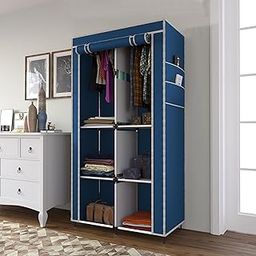 GTC® Collapsible Wardrobe Closet for Clothes Almira, 2 Hanging Space, 6 Shelves, 1 Side Pocket Non-Woven Fabric 7700-3 (Blue)-30
