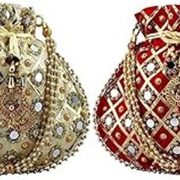 Indian Handicraft Women's/Girls Silk Ethnic Rajasthani Potli Bag Golden and Maroon(Beige-image-96