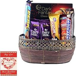 SFU E Com Beautiful Wooden Basket With Loaded Tasty Chocolates | Valentine Chocolate With Love Greeting Card | Valentine Chocolate Hamper | 753-31