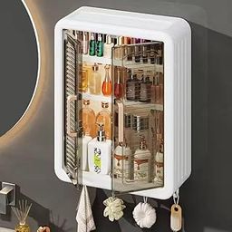 GAURINANDAN Wall Mounted Foldable Bathroom Cabinet with Double Door, 4 Hooks & Top Shelf | PP Plastic Storage Organizer for Kitchen, Bathroom, Toiletries | No Drilling, 40.5x32x13cm-image-1