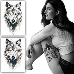 2PCS Geometric Wolf Temporary Tattoo Stickers - Abstract Art 22x15cm for Men & Women-29