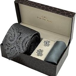 Grey Paisley Necktie with Grid Cufflinks & Charcoal Grey Pocket Square Combo For Men-image-53