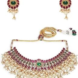 Jewellery Red & Green Kundan Beads Jadau Ethnic Choker Necklace Set with Matching Drop Earrings For Women & Girls Stylish Latest (NEDP34_AMR1)-image-17
