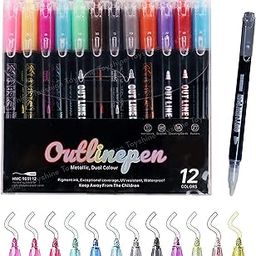 Toyshine 12Pc Double Line Outline Permanent Marker Glitter Pens Useful in Gift Card| Rock Painting |DIY Photo Album| Scrapbook Crafts | Metal | Wood | Ceramic | Glass for art &Craft lovers and kids-picture-23
