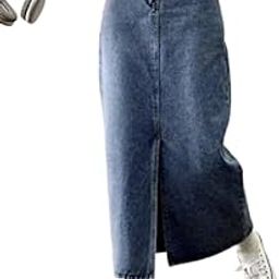 High-Waisted Washed Denim Midi Skirt with Front Slit for Casual and Chic Street Style-image-78