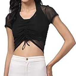 Women's Black Mesh Ruched Crop Top, Sheer Short Sleeves, Drawstring Detail-image-99