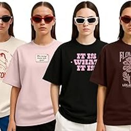 Cotton Blend Oversized Baggy Fit Half Sleeve Printed Round Neck Multicolor Drop Shoulder T-Shirt for Womens & Girls (Pack of 4)-image-7