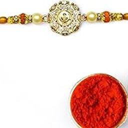 Traditional Rakhi Bracelet with Gold-Plated Medallion, Pearl Beads and Red Thread, Handcrafted-image-81