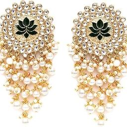 Gold Plated Green Meena Pearl Beads Kundan Dangler Earrings for Women-image-23