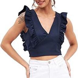 Casual Women's Polyester Navy V Neck Solid Crop Top-picture-19