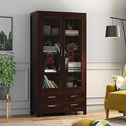 Krishna Wood Decor Wood Big Book Shelf for Home Library | Wooden Bookshelf Cabinet with Glass Door Storage | Home Furniture Crockery Kitchen Cabinet | Books Rack for Shelves | Bookcases,Walnut Finish-4