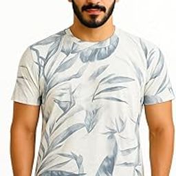 Men's Tropical Leaf Print Crew Neck T-Shirt – Misty Blue on Off-White-image-2