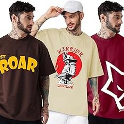 Men Half Sleeve Oversized Tshirt, Round Neck Longline Drop Shoulder | Colorful Printed Combo Regular Fit T-Shirt (Pack of 3)(Color : Multi)-3