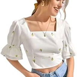 Women's Square Neck Floral Embroidered Crop Top with Bell Sleeves, White-image-76