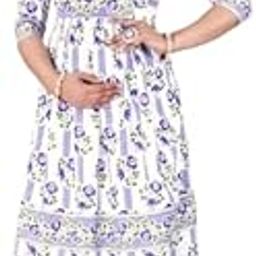 Women's Cotton Floral Print Maternity Dress, Half Sleeves, White and Purple, Ankle Length-image-49