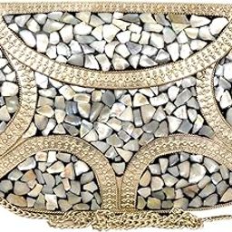Shakuntala Vintage Handmade Metal Clutch with Mosaic Stone & Shell Design - Elegant Women's Handbag put (Cellphone eaisly inside bag)-image-75