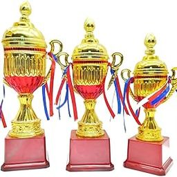 Gold Trophy Cup Set with Red Base and Tricolor Ribbons, 3 Sizes, Award Ceremony Trophies 30cm,27cm,24 cm Height-image-96