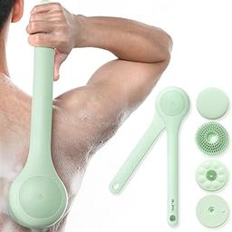HANNEA® Electric Body Brush Back Scrubber for Shower, Waterproof Long Dual Handle Power Body Scrubber with 3 Heads, Rechargeable Bath Brush & 2 Speeds, for Cleansing, Exfoliating and Massaging Green-55