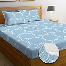 NEW LEAF Premium Cotton Elastic Fitted Bedsheets with 2 King Size Pillow Covers Double Bed with All Around Elastic Supersoft Size - 72 King Sizex78+10 inches Grey White Oval Pattren 200 tc - 220 tc-22