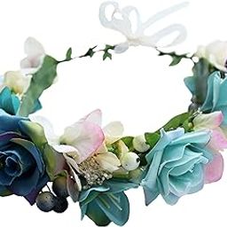Boho Flower Wreath Crown Headband Floral Garland with Ribbon for Festival Wedding Blue-image-28