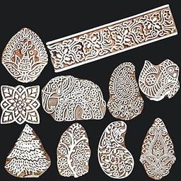 ecofynd Wood Block Stamps (Pack of 10), Wooden Blocks for Block Printing Stamp Set, Artistic Shapes Craft Kids Saree Border DIY Henna Fabric Textile Paper Clay Pottery Hand-Carved (BLOCK058)-image-86