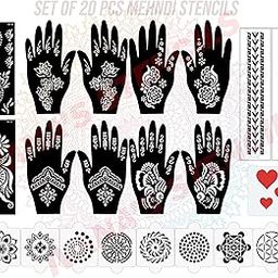 Set of 20 Pcs Combo Pack, Reusable Mehandi Design Sticker Stencils for Both Hand | Mehandi Design Hand Art | Quick and Easy to Use, for Girls, Women, Kids & Teen, D-2171-1