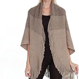 Winter Woolen Shawl Collar Warm Open Front Poncho Cardigan Shrug Style Wrap with Tassel Fringe Hem and Sleeves for Women-15
