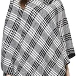 Women Girls Acrylic Winter Wear Solid Knitted Open Front Poncho Shrug,Black White-7