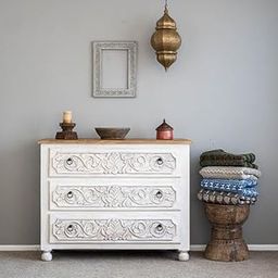 Quick Artsy Chest of Drawers with 3 Drawers Grey Carved Flower Mango Wood Solid - 40D x 90W x 82H CM-image-53