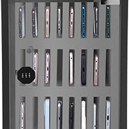 24 Slots Cell Phone Locker, All Steel Pocket Chart Cell Phones Storage Cabinet, Wall-Mounted Phone Storage Box with Combination Lock & Handle for Enterprise Classroom-image-45