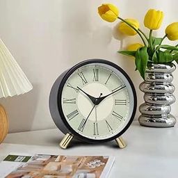 ZURATO Metal Bedside Analog Alarm Clock For Bedroom Battery Operated Round Alarm Clock With Light, Stylish Design Office And Home Decoration Clock - Black (Table Clock), centimeters-16