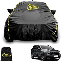 AUTOBIRSA Waterproof Car Body Cover Compatible with Kia Seltos Car Cover with Mirror & Anteena Packets Dust Proof & Belt with 4 Side Elastic Black Colour & Yellow Piping Style-image-67