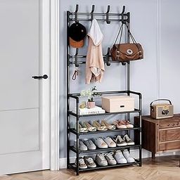 wolpin 4 Tier Shoe Rack with 8 Utilities Hooks for Hallway Handbag, Hat, Keys Shoe Stand Shelve Storage Clothes Large (Black)-image-19