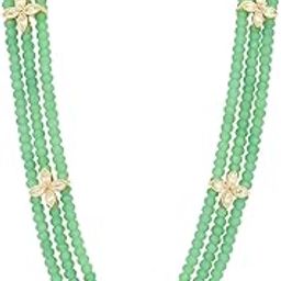 Triple-Strand Mint Green Beaded Necklace with Gold-Tone Floral Crystal Accents-image-79