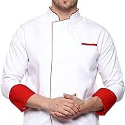 G-Apparels Men's Double Breasted White Chef Coat Professional Red Piping, Poly Cotton-image-15