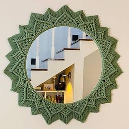 Handmade Cotton Macrame Wall Hanging Mirror with Boho Fringes, Bohemian Art Decorative Aina for Make-Up, Dressing, Living Room, Bedroom, Off-White, Dia 18 Inches, Style 12-picture-6