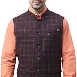 Men's Checkered Wine Mandarin Collar Waist Coat-image-73