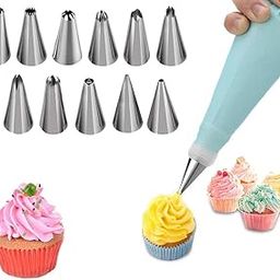 Prostuff.in 12 PC Cake Decorating Nozzle with Piping Bag Stainless Steel Piping Cream Frosting Nozzles Set/Icing Tips Cake Cupcake Muffin Decorating Tool (Random Color)-image-57