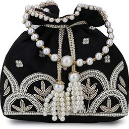 Dangle Black, White & Gold Ethnic Embellished Faux Silk Potli-image-22