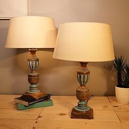 Homesake Wood Signature Rustic Table Fluorescent Lamp Set of 2, Farmhouse Living Room Bedroom House Bedside Nightstand Home Office Reading Light, (Trophy Distress Blue Beige)-29