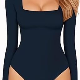 Womens Square Neck Short Sleeve/Long Sleeve Tops Bodysuit Jumpsuit (Deep Blue, Large)-image-43