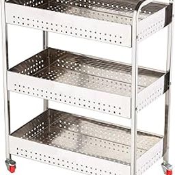 Swadhin Stainless Steel 3-Tier Folding Perforated Trolley Portable Design 3 Layer Fruit and Vegetable Basket Modern Kitchen Storage Rack with Wheels Bathroom Organizer Holder Stand for Kitchen-image-16