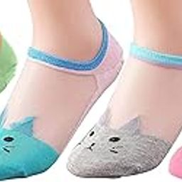 Pack of 4 Pairs Women's Transparent Casual Cat Ankle Length Low Cut Invisible Silk Cotton Soft Socks, Ultra thin Transparent Beautiful Crystal Lace Elastic Socks - Assorted (Free size, 4 pairs)-36