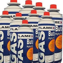 Portable High Pressure Butane Liquefied Gas Canister 310grams(gross wt)/225g Universal Nozzle/Pin, used mainly with Stove, Flame Torch, Welding Fuel Gas, blowtorch. Pack of 9 Canisters. Flamex by Spray-Check-10
